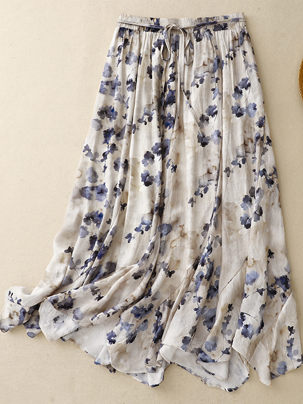 Midi Skirt Floral - Floral A-Line Skirt Women's Elastic Waist