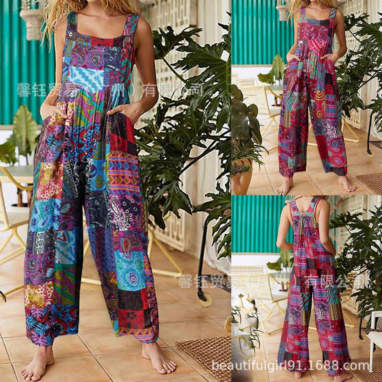 Jumpsuit Linen Relaxed - Bohemian Jumpsuit Tribal Patchwork Print Jumpsuit