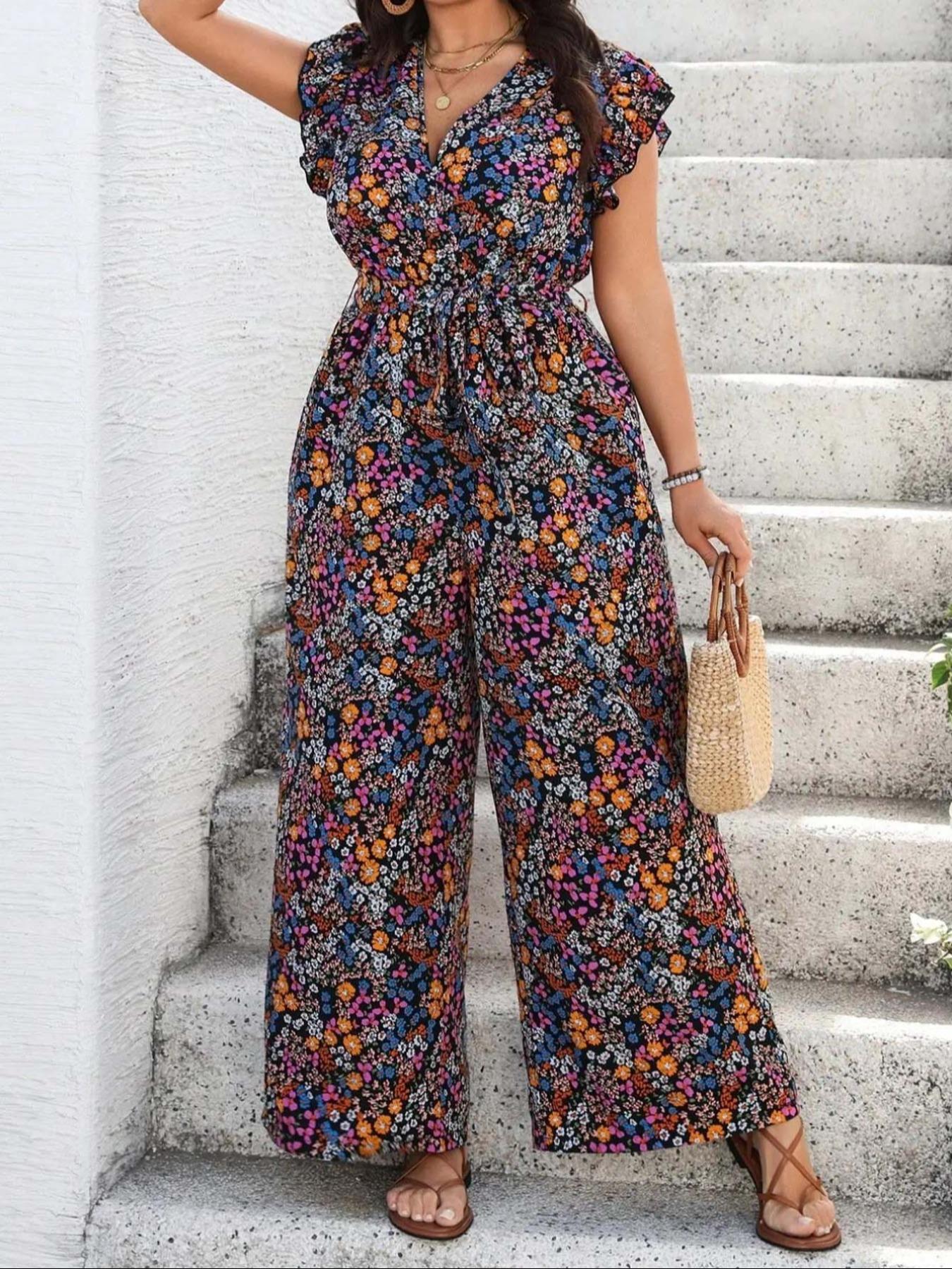 Romper Floral Print - 【Plus Size】 Floral Print Tie Shoulder