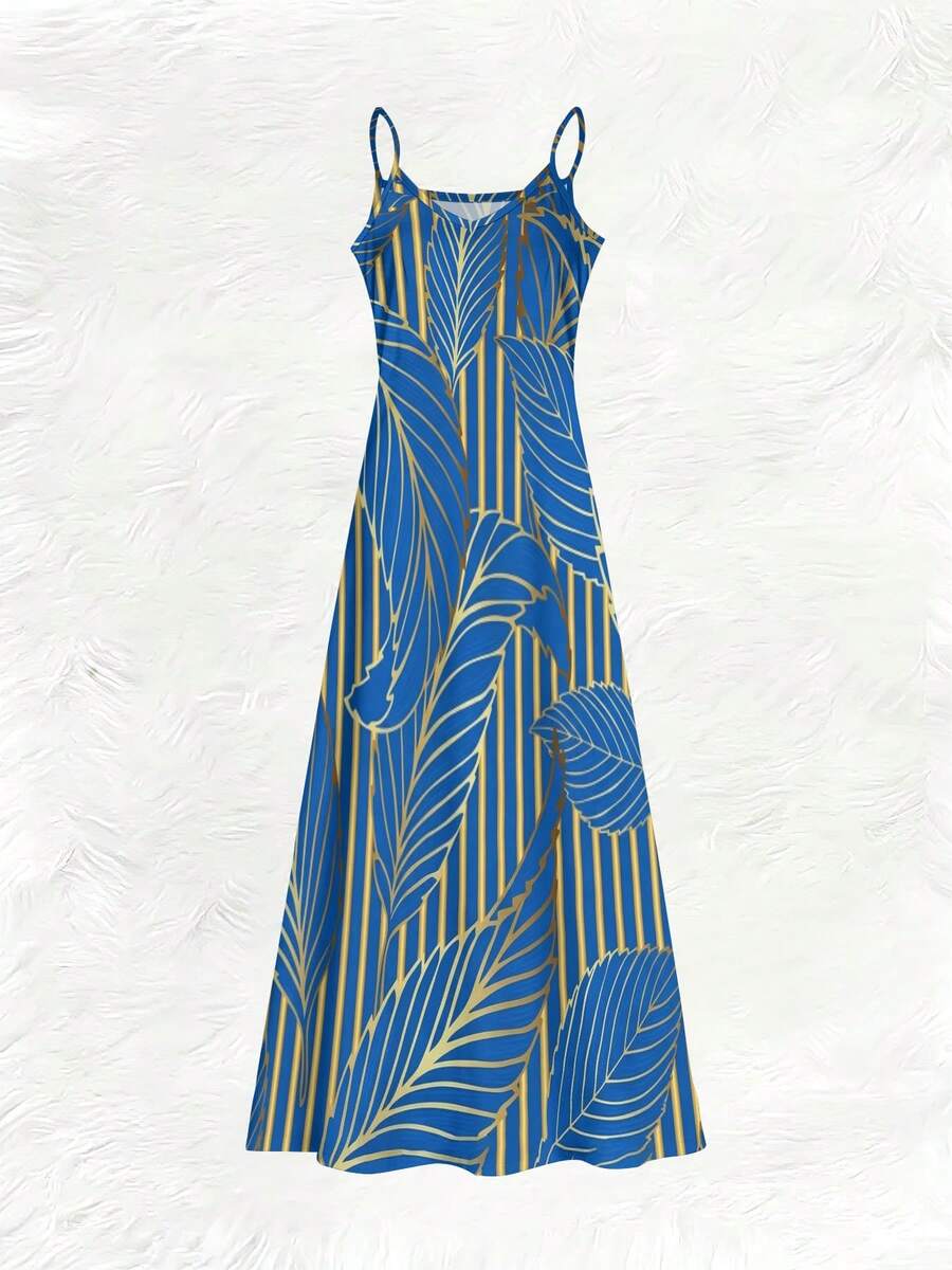 Maxi Dress Halter - Blue Tropical Leaf Print V-Neck Halter