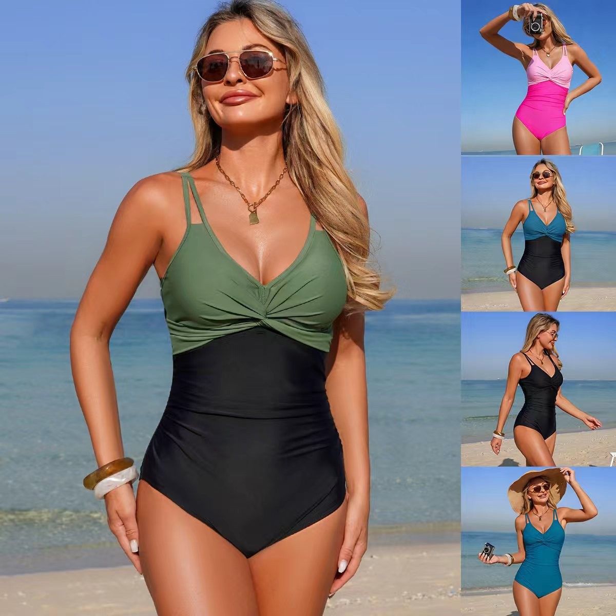V Neck Twist Front One Piece S - Swimsuit Bikini Ruched reseña y precio