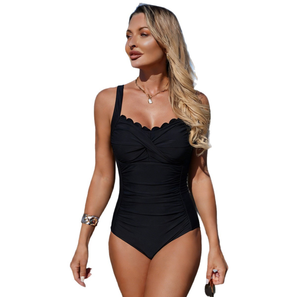 Black Swimsuit Scalloped Neckl - Swimsuit Bikini Ruched reseña y precio