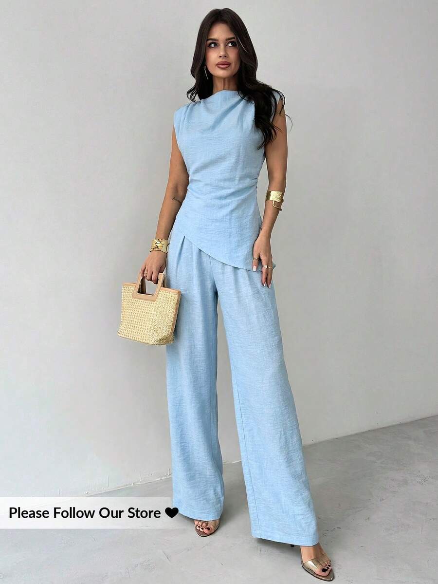 Sleeveless Asymmetric Ruched W - Linen Pant Wide reseña y precio