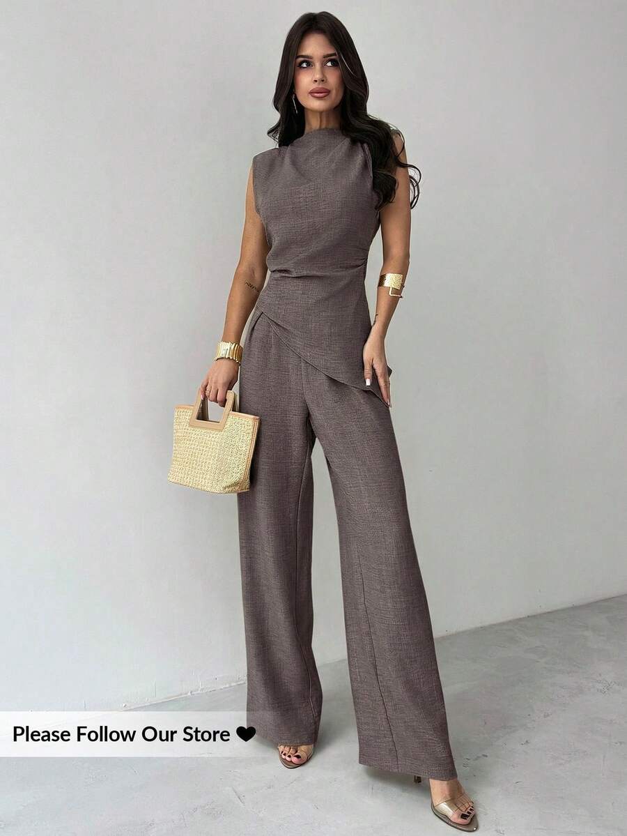 Sleeveless Asymmetric Ruched W - Linen Pant Wide reseña y precio