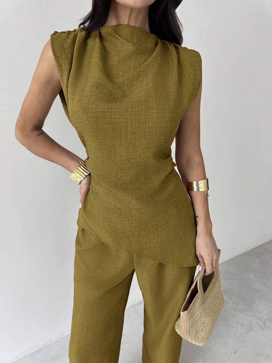 Sleeveless Asymmetric Ruched W - Linen Pant Wide reseña y precio