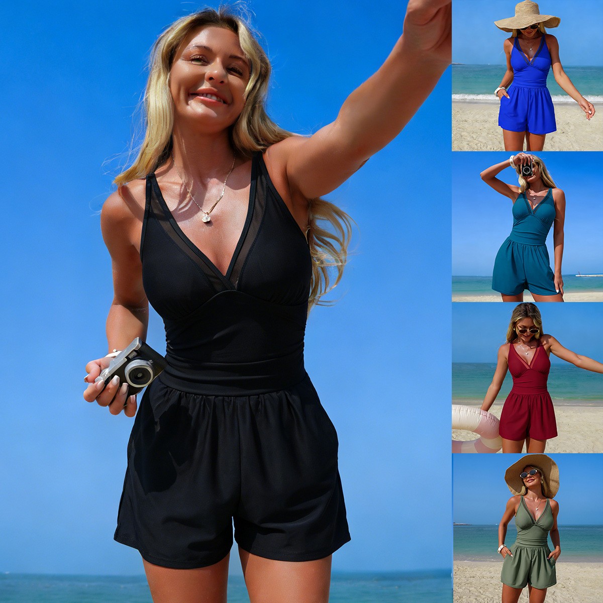 Black Solid Color Sleeveless V - Swimsuit Bikini Ruched reseña y precio