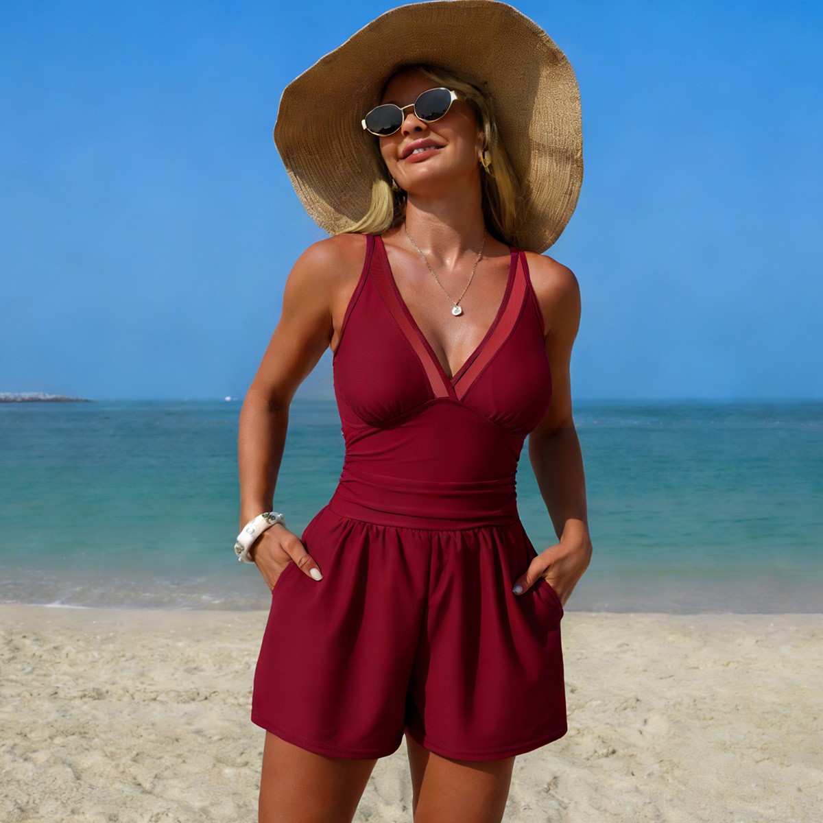 Black Solid Color Sleeveless V - Swimsuit Bikini Ruched reseña y precio