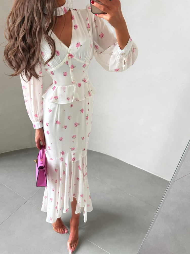 Women White Pink Floral Choker - Midi Skirt Floral reseña y precio