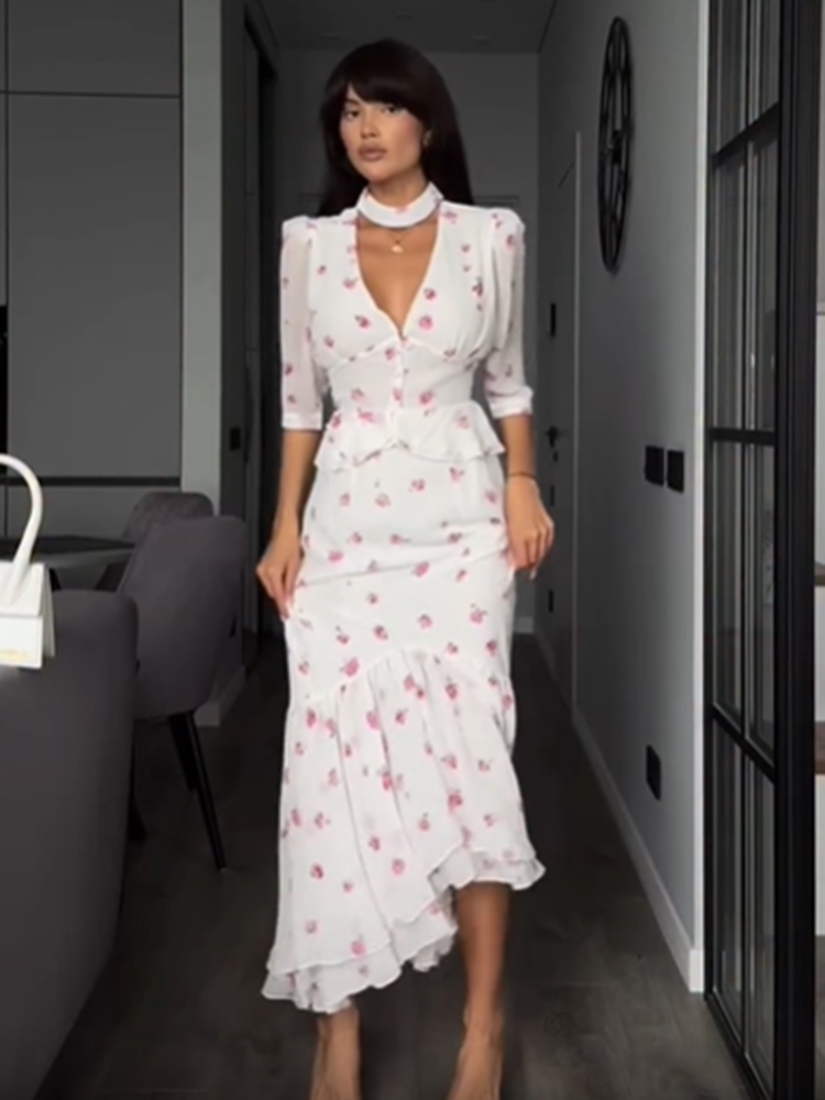 Women White Pink Floral Choker - Midi Skirt Floral reseña y precio