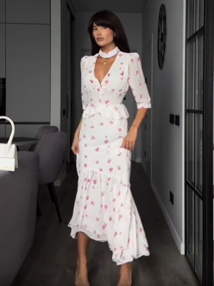 Women White Pink Floral Choker - Midi Skirt Floral reseña y precio