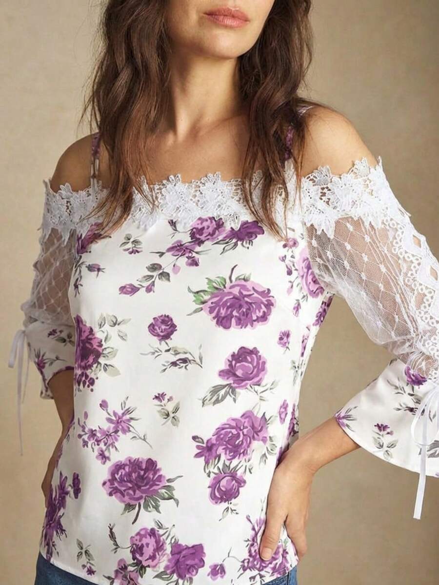 Purple Floral Print Off Should - Blouse Off Shoulder reseña y precio