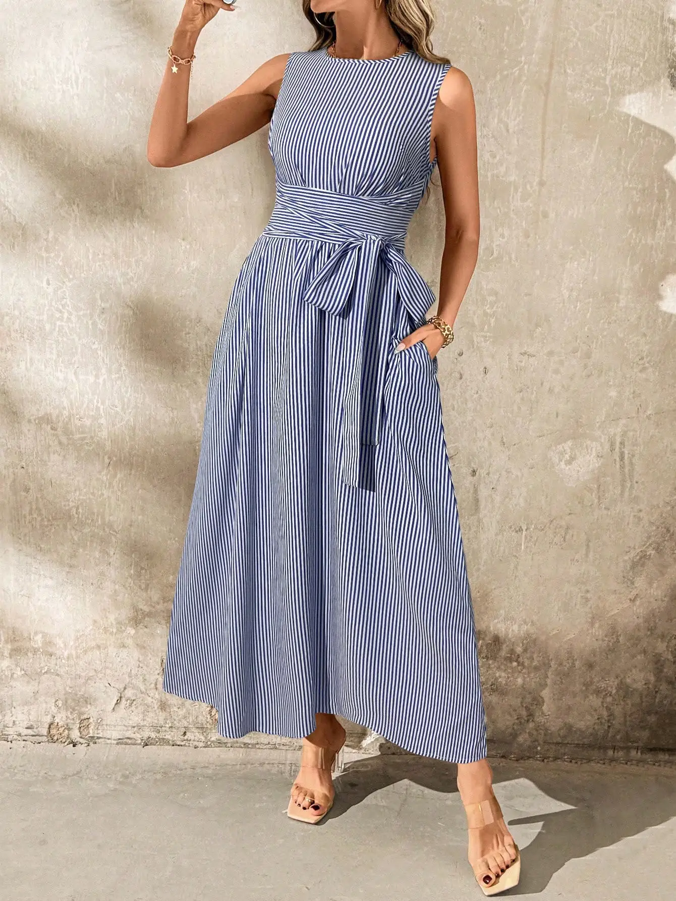 Women's Blue White Stripe Slee - Linen Dress Wrap reseña y precio