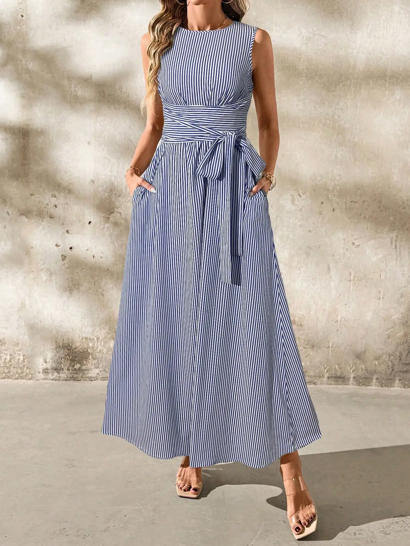 Women's Blue White Stripe Slee - Linen Dress Wrap reseña y precio