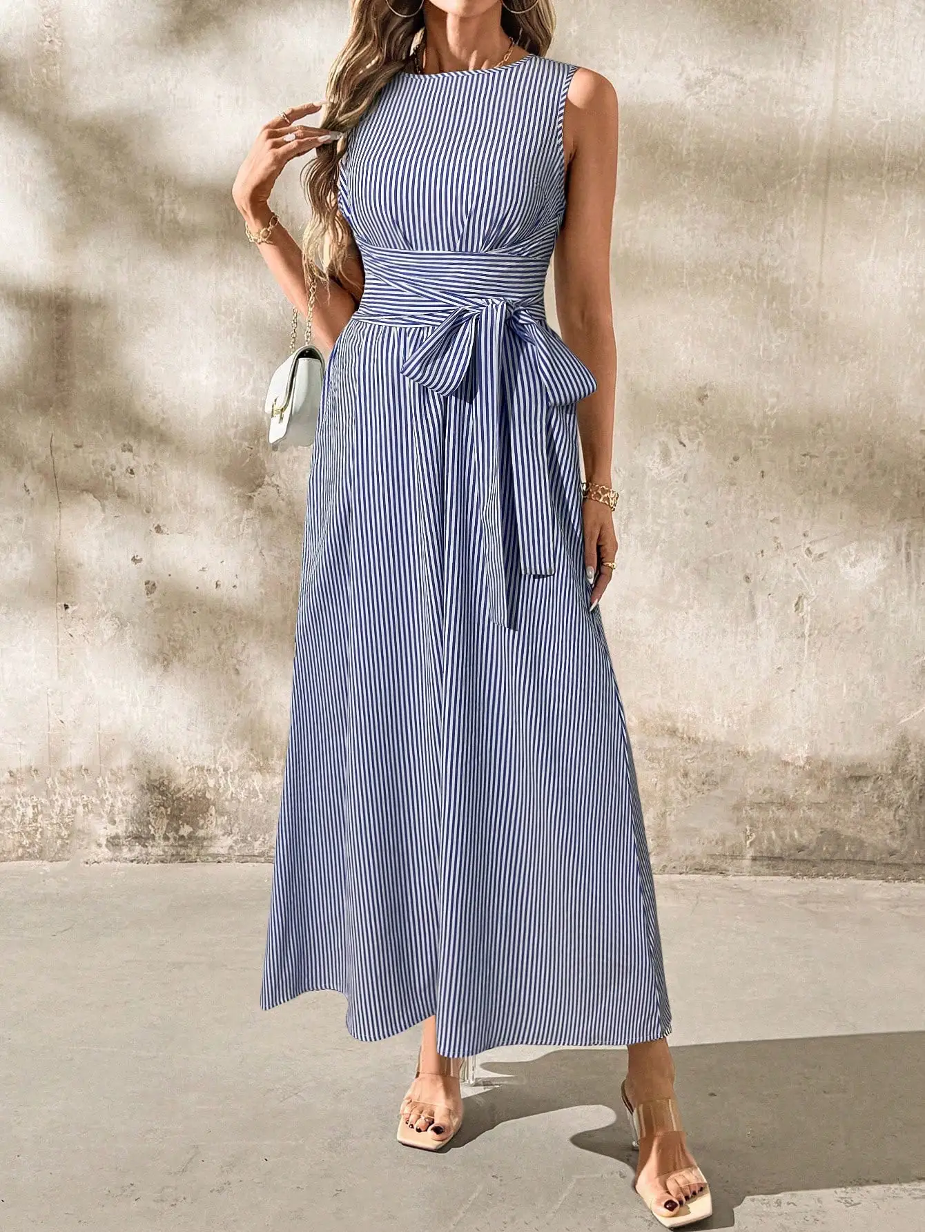 Women's Blue White Stripe Slee - Linen Dress Wrap reseña y precio