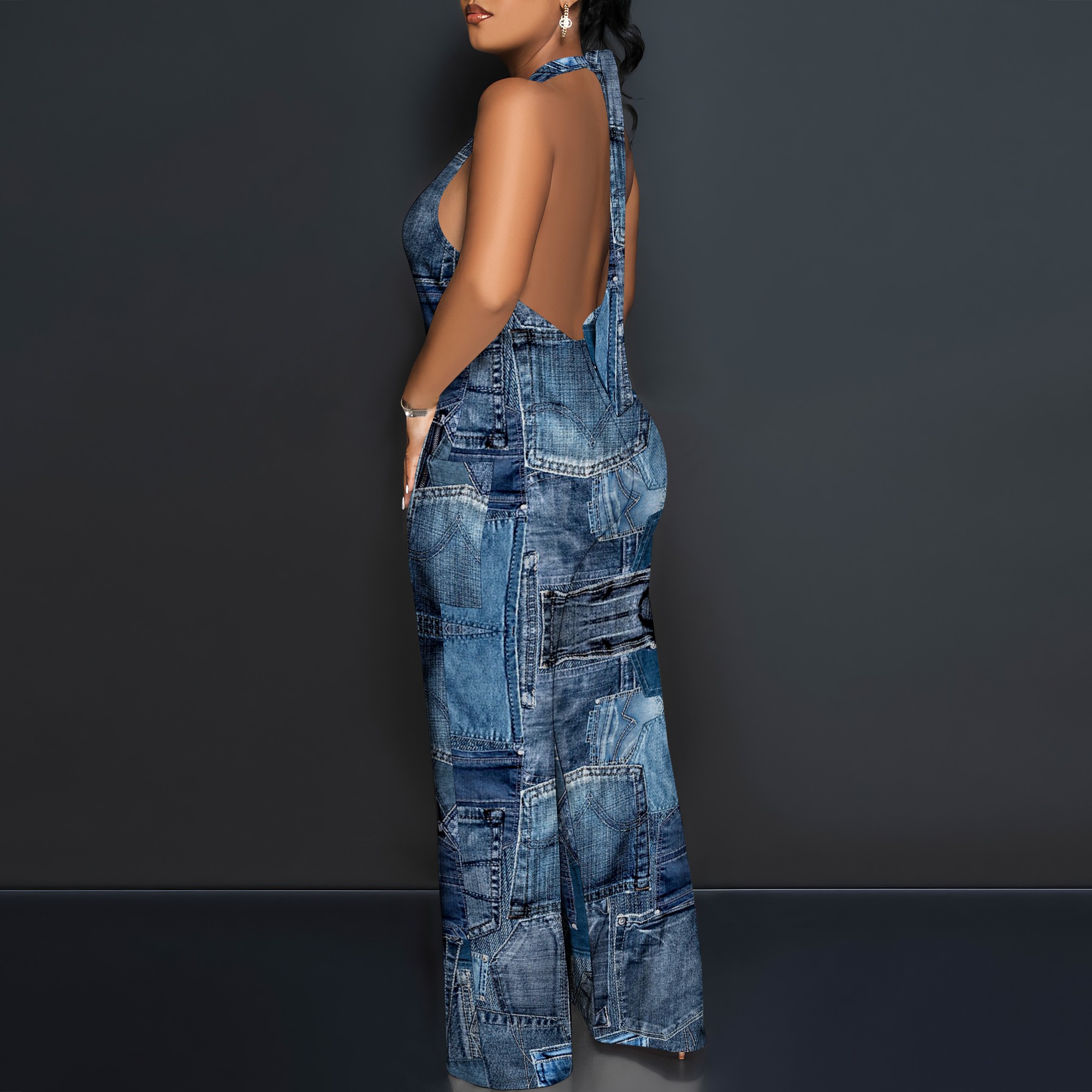 Denim Patchwork Halter V-Neck  - Maxi Dress Halter reseña y precio