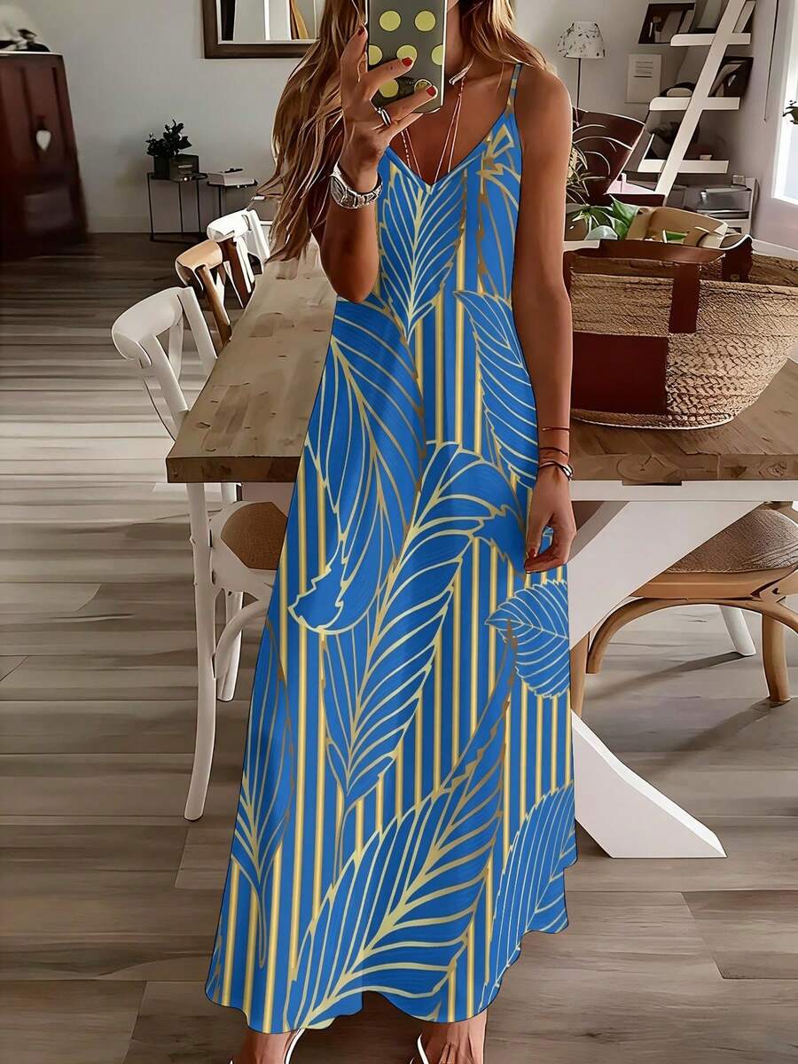 Blue Tropical Leaf Print V-Nec - Maxi Dress Halter reseña y precio